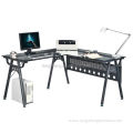 L shape office glass computer desk with metal